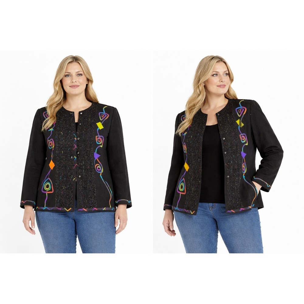 Lynn Murray Womens Jacket Size L/XL Black Pure Wool Colorful‎ Artsy Vintage